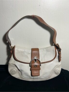 Coach Vintage Cream and Brown Leather Shoulder Hobo with Buckle Accent